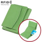 Green short genuine leather RFID wallet with snap flap and card slots