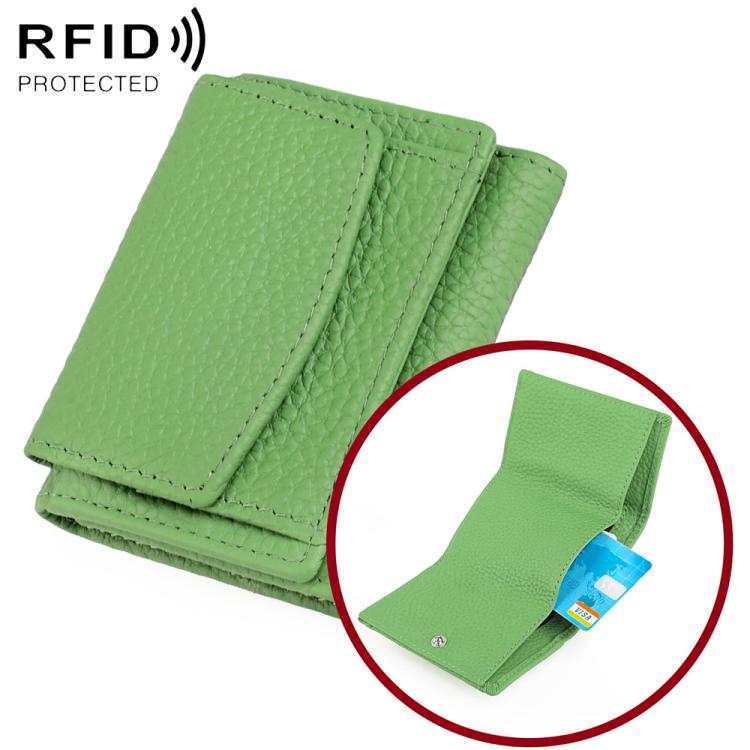 Green short genuine leather RFID wallet with snap flap and card slots