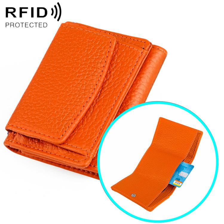 Bright orange short genuine leather RFID wallet with snap flap and card slots