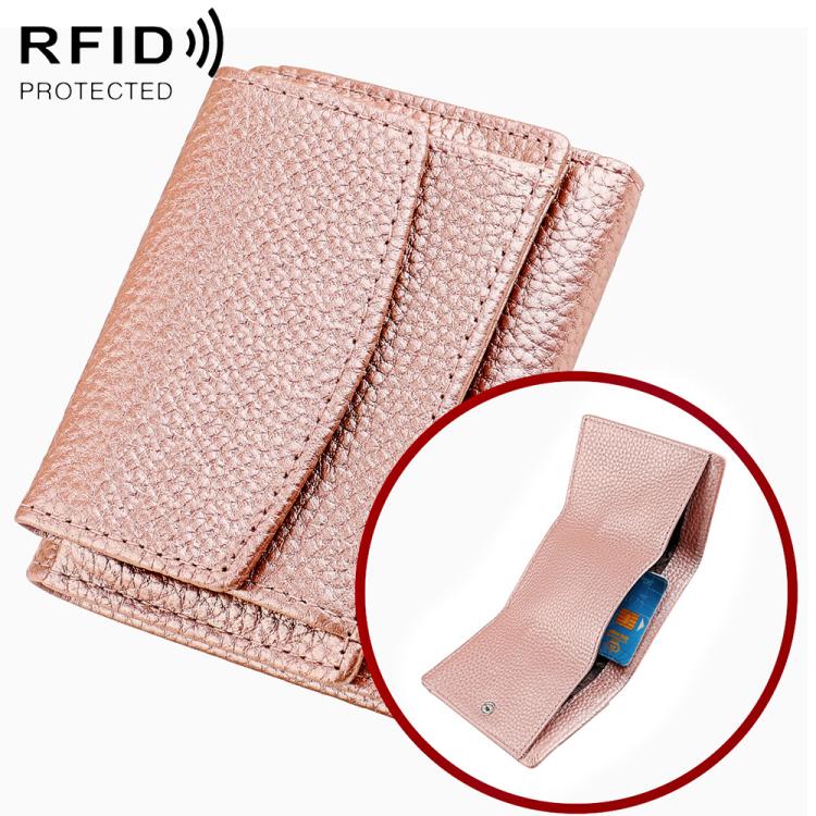 Pink genuine leather bifold wallet with snap flap and textured finish