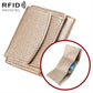 Beige genuine leather bifold wallet with snap flap and textured finish
