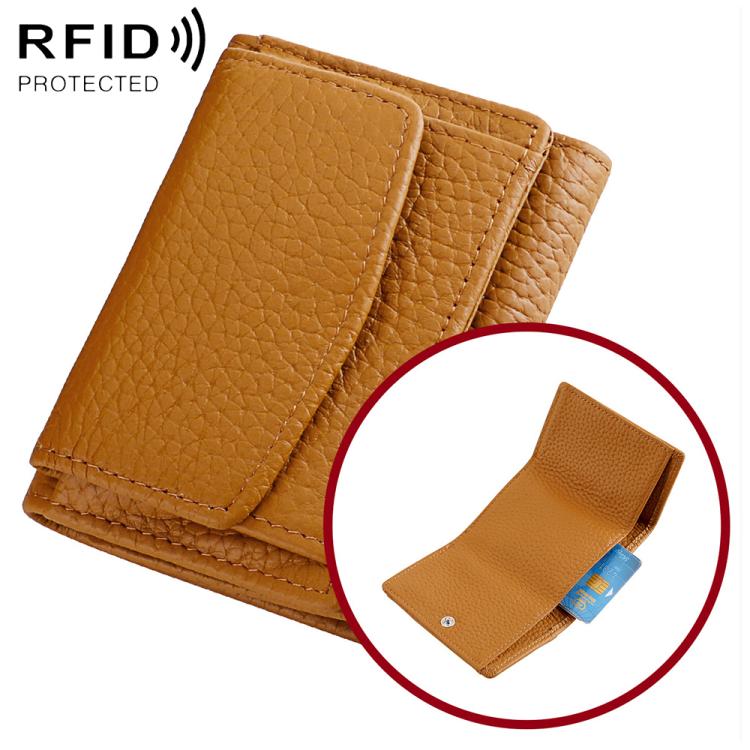 Caramel genuine leather bifold wallet with snap flap and textured finish