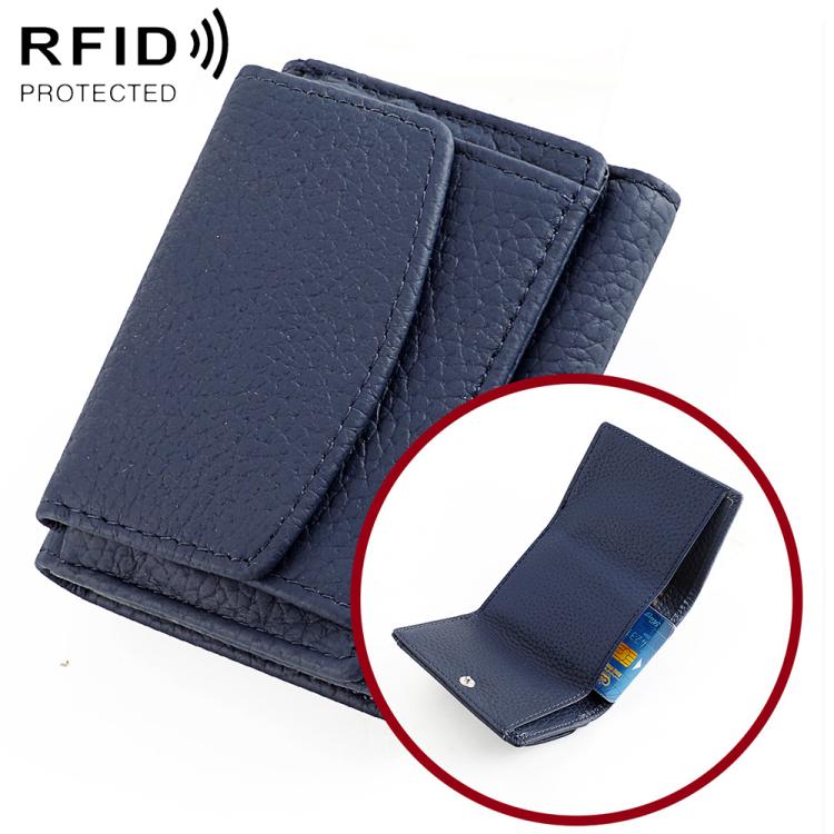 Dark blue genuine leather bifold wallet with snap flap and textured finish