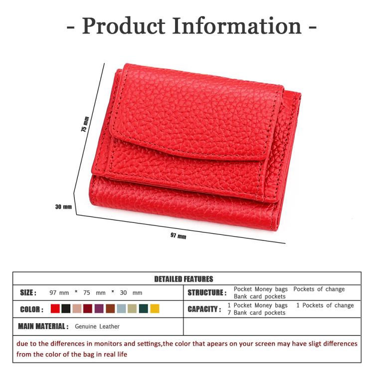 Red genuine leather bifold wallet with snap flap and textured grain