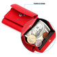 Red genuine leather wallet open with bills, coins, and change pocket