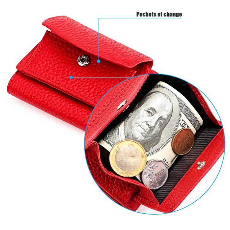 Red genuine leather wallet open with bills, coins, and change pocket