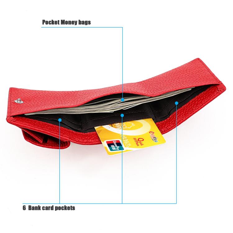 Red genuine leather wallet interior with multiple card pockets and cash section