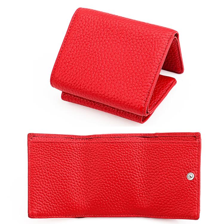 Red short genuine leather wallet with fold-over snap closure