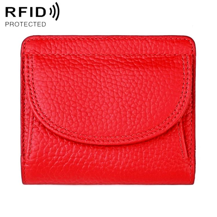 Red genuine leather mini wallet with RFID-protective flap and curved front pocket