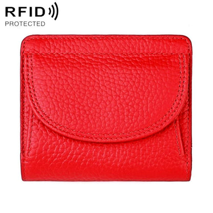 Red genuine leather mini wallet with RFID-protective flap and curved front pocket