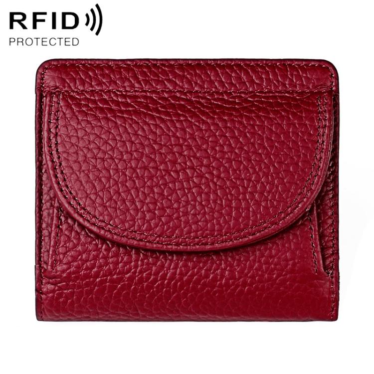 Wine red genuine leather mini wallet with RFID-protective flap and curved front pocket