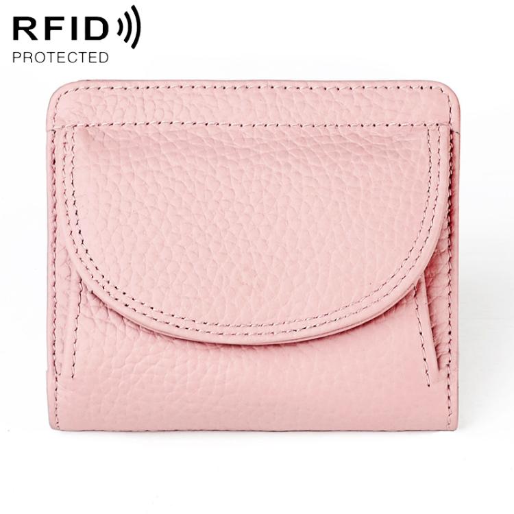 Pink genuine leather mini wallet with RFID-protective flap and curved front pocket