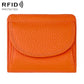 Orange genuine leather mini wallet with RFID-protective flap and curved front pocket