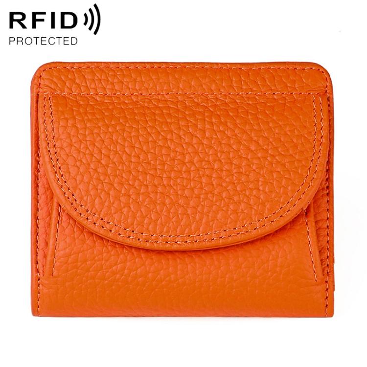 Orange genuine leather mini wallet with RFID-protective flap and curved front pocket