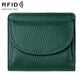 Dark green genuine leather mini wallet with RFID-protective flap and curved front pocket
