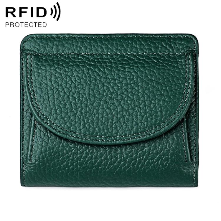 Dark green genuine leather mini wallet with RFID-protective flap and curved front pocket
