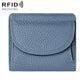 Denim blue genuine leather mini wallet with RFID-protective flap and curved front pocket