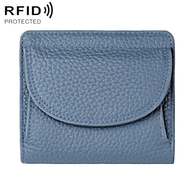 Denim blue genuine leather mini wallet with RFID-protective flap and curved front pocket
