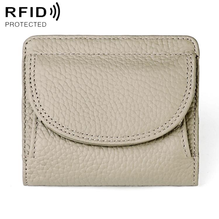 Matcha green genuine leather mini wallet with RFID-protective flap and curved front pocket