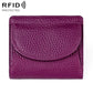 Purple genuine leather mini wallet with RFID-protective flap and curved front pocket