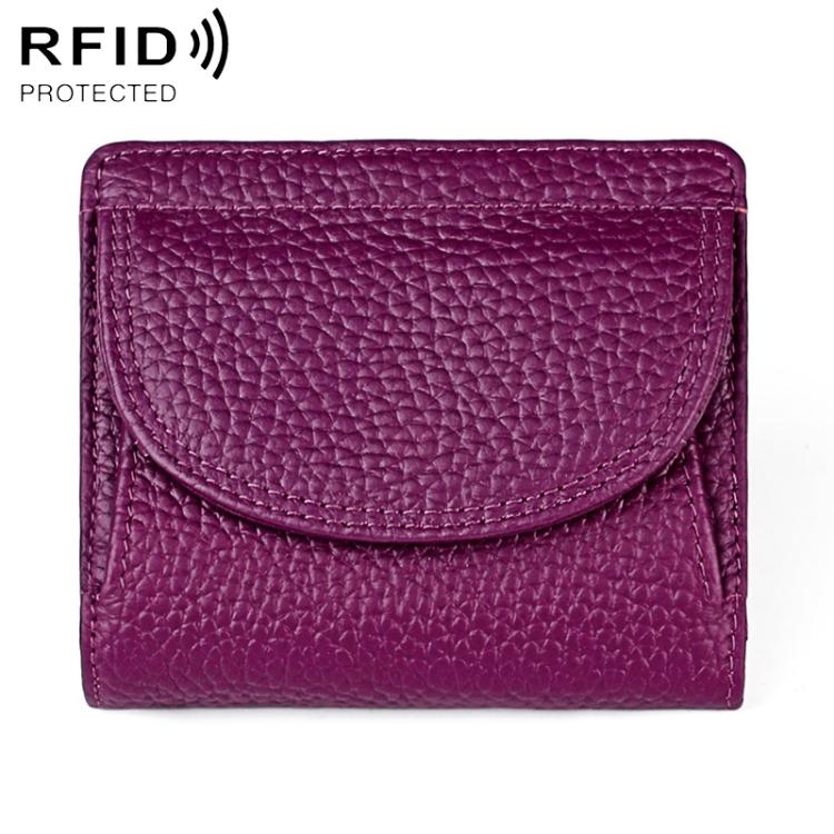 Purple genuine leather mini wallet with RFID-protective flap and curved front pocket