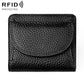 Black genuine leather mini wallet with RFID-protective flap and curved front pocket