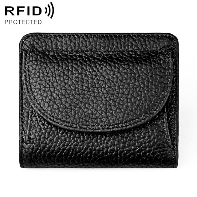 Black genuine leather mini wallet with RFID-protective flap and curved front pocket