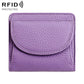 Light purple genuine leather mini wallet with RFID-protective flap and curved front pocket