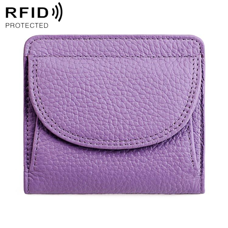 Light purple genuine leather mini wallet with RFID-protective flap and curved front pocket