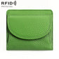 Green RFID mini genuine leather wallet with curved front flap and stitched edge