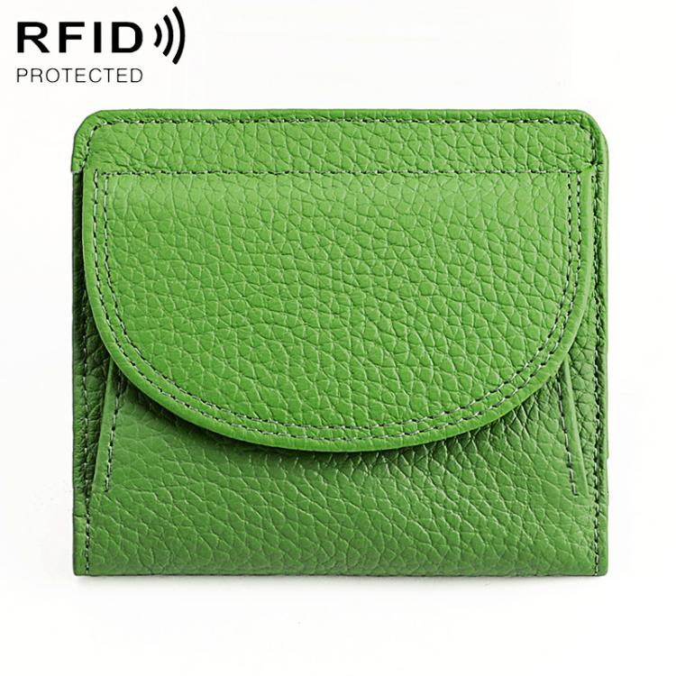 Green RFID mini genuine leather wallet with curved front flap and stitched edge