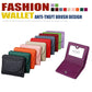 Set of mini leather RFID wallets in multiple colors, including purple and black
