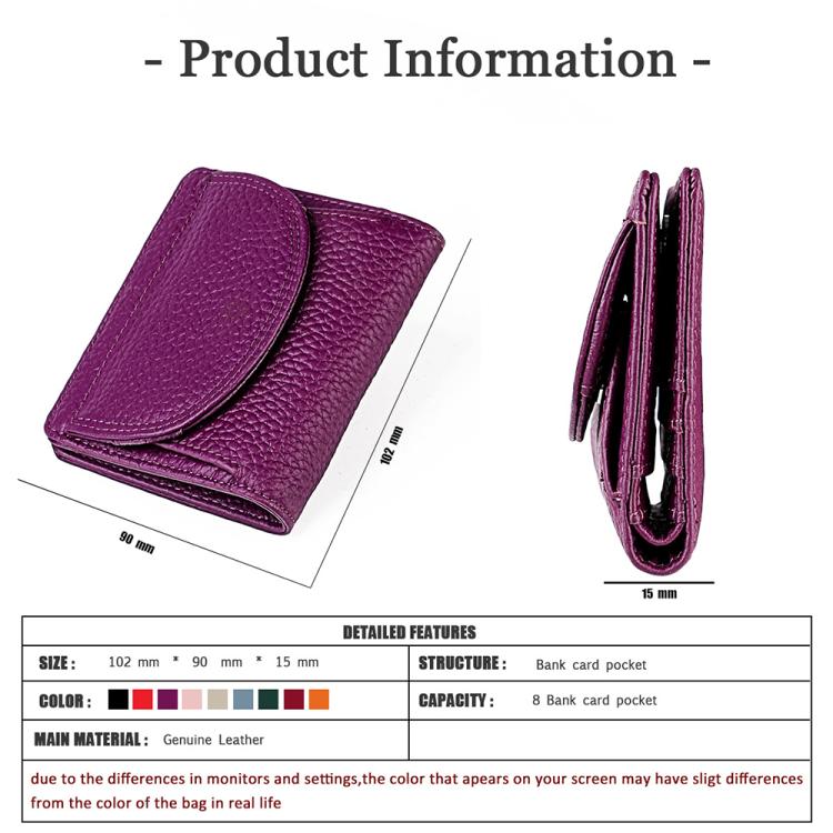 Purple RFID mini leather wallet with curved flap on textured grain leather