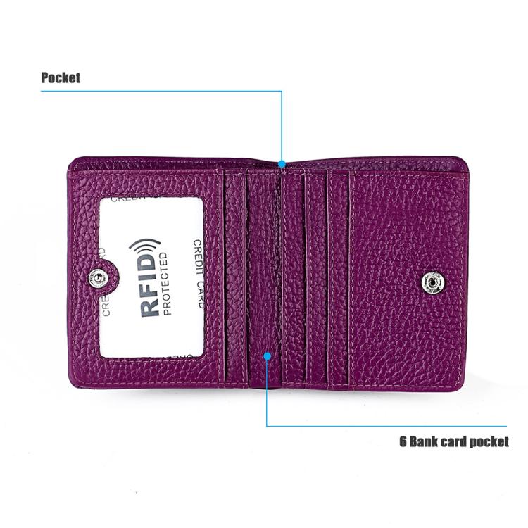 Purple RFID mini leather wallet interior with ID slot and multiple card pockets