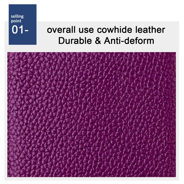 Purple cowhide leather wallet texture close-up with pebbled grain