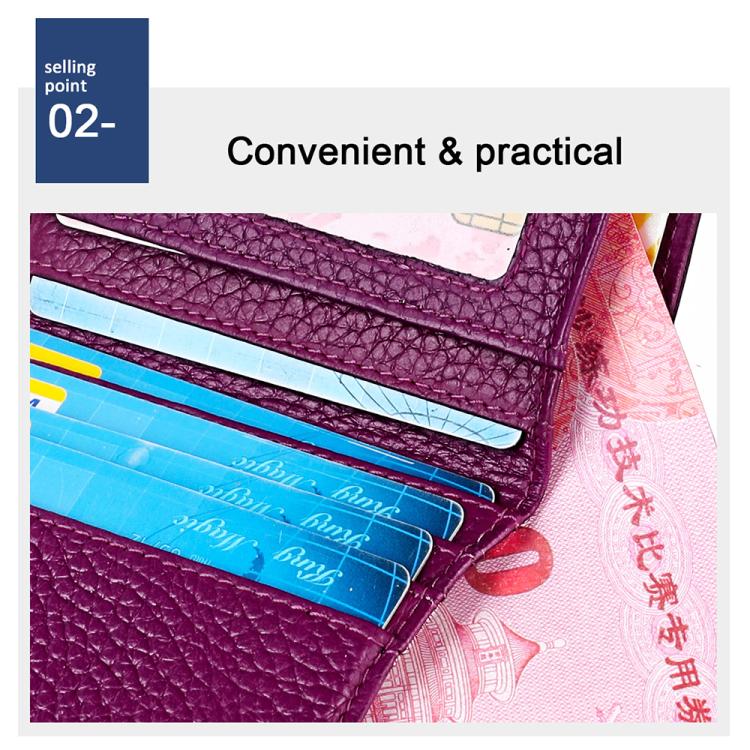 Purple RFID mini leather wallet with card slots showing insert and interior pocket