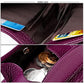 Purple leather mini wallet detail with stitched compartment and coins inside
