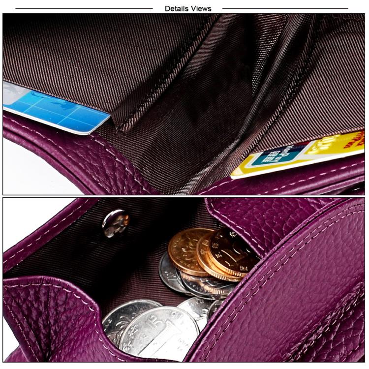 Purple leather mini wallet detail with stitched compartment and coins inside