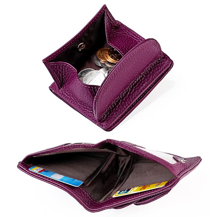 Purple RFID mini leather wallet open with coins and card slots