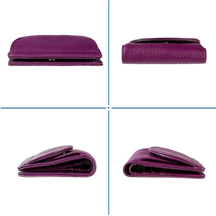 Purple RFID mini leather wallet shown in multiple angles and edge profile