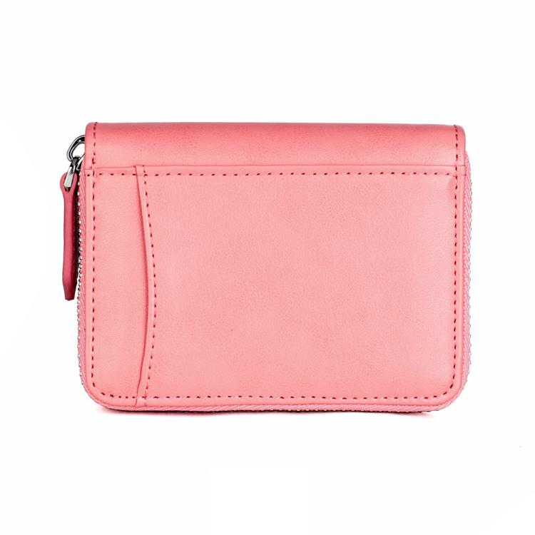 Pink genuine leather RFID card storage wallet with zipper closure and stitched trim