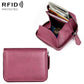 Purple genuine leather RFID card storage wallet with zipper closure, open pocket view
