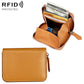 Brown/tan genuine leather RFID card storage wallet with zip closure and front pocket