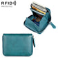 Blue genuine leather RFID card storage wallet with zipper closure and side pull tab