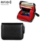 Red genuine leather RFID card storage wallet with zipper, open card pocket view