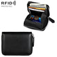 Black genuine leather RFID card storage wallet with zipper, open card pocket view