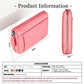 Pink genuine leather RFID card storage bag with zipper, side view and end view