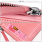 Pink leather RFID zipper storage bag, close-up of zipper pull and card compartment