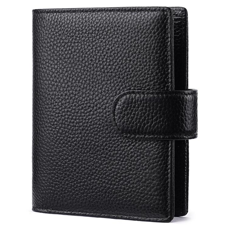 Black leather-look passport holder with attached notebook cover and side strap