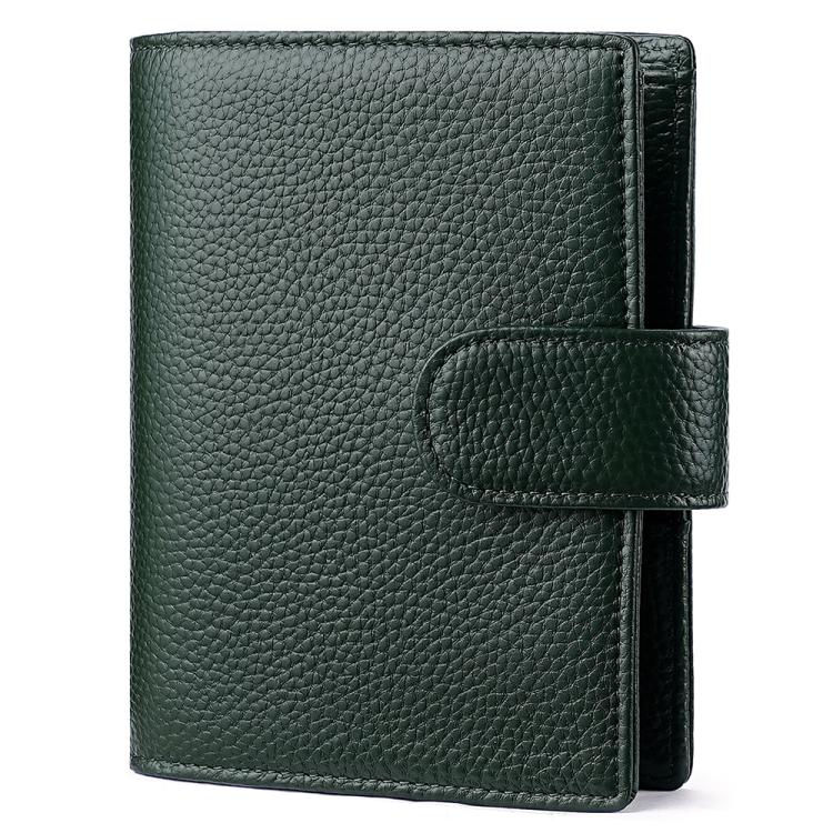 Dark green leather-look passport holder with attached notebook cover and side strap